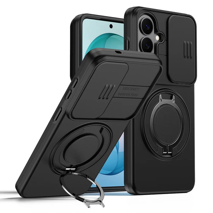 For Samsung Galaxy S26 Case Magnetic Case Ring Kickstand Slide Camera Cover TPU PC Hybrid Phone Shell - Black - 1