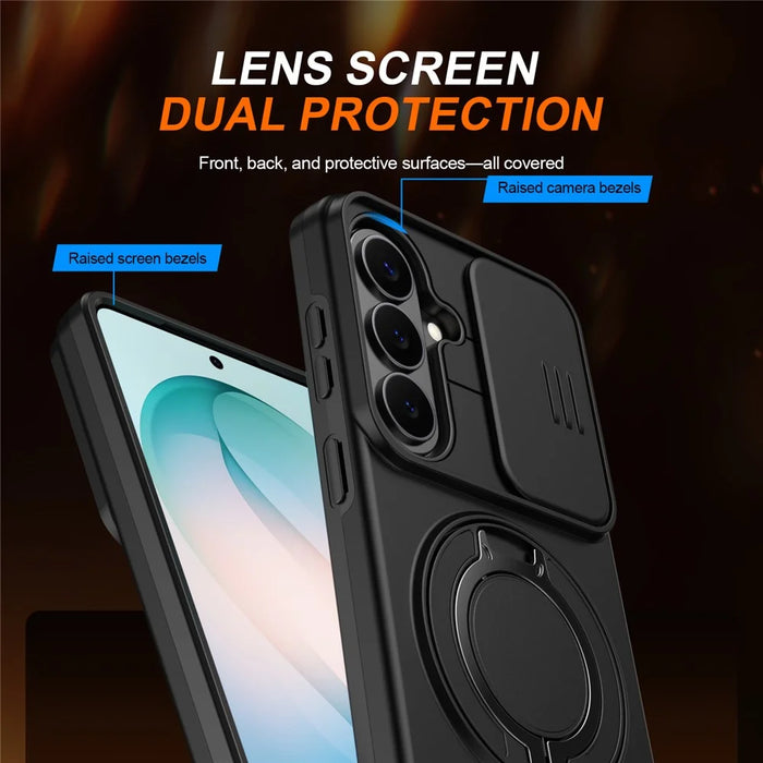 For Samsung Galaxy S26 Case Magnetic Case Ring Kickstand Slide Camera Cover TPU PC Hybrid Phone Shell - Black - 3