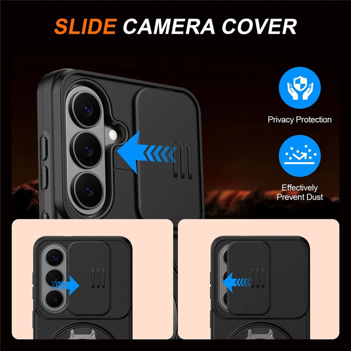 For Samsung Galaxy S26 Case Magnetic Case Ring Kickstand Slide Camera Cover TPU PC Hybrid Phone Shell - Black - 4