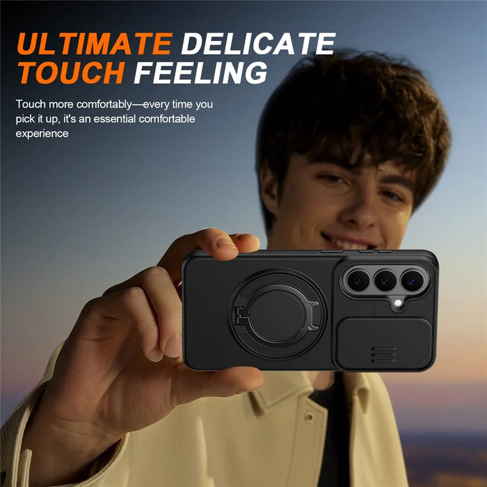 For Samsung Galaxy S26 Case Magnetic Case Ring Kickstand Slide Camera Cover TPU PC Hybrid Phone Shell - Black - 6