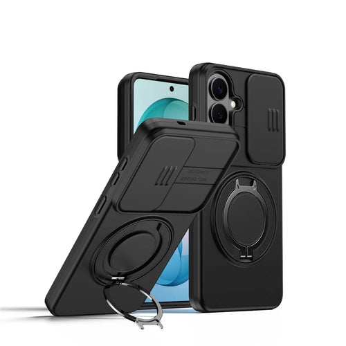 For Samsung Galaxy S26+ Case Magnetic Case Ring Kickstand Slide Camera Cover TPU PC Hybrid Phone Shell - Black - 1