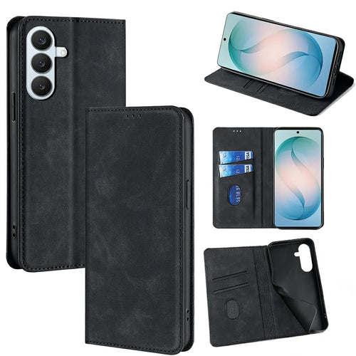 For Samsung Galaxy S26+ Case Card Holder PU Leather Magnetic Closing Phone Cover - Black - 1