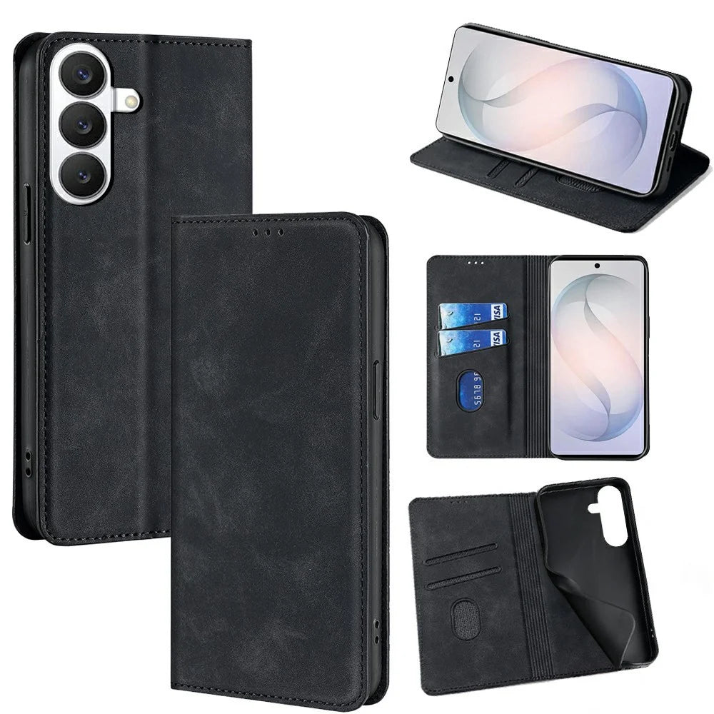 For Samsung Galaxy S26 Case Card Holder PU Leather Magnetic Closing Phone Cover - Black - 1