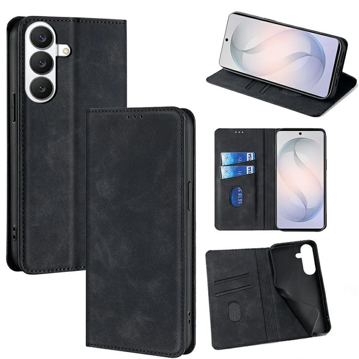 For Samsung Galaxy S26 Case Card Holder PU Leather Magnetic Closing Phone Cover - Black - 1