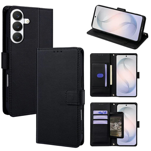 For Samsung Galaxy S26 Case Triangle Imprinted Skin Touch PU Leather Phone Wallet Cover - Black - 1