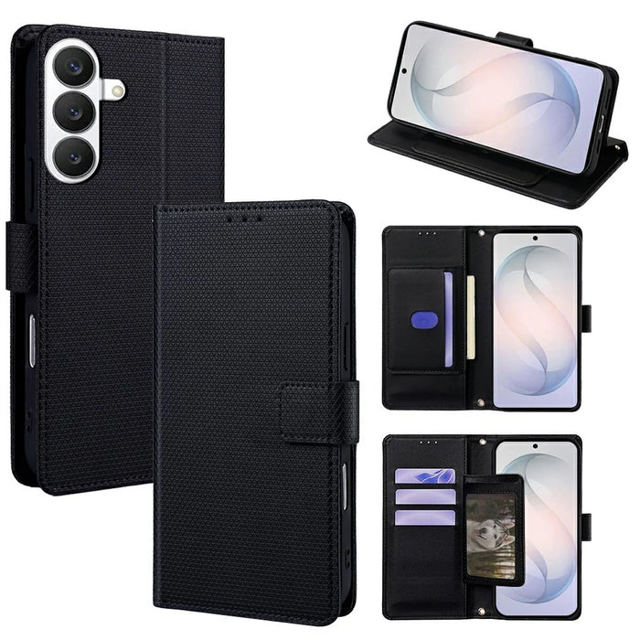 For Samsung Galaxy S26 Case Triangle Imprinted Skin Touch PU Leather Phone Wallet Cover - Black - 1