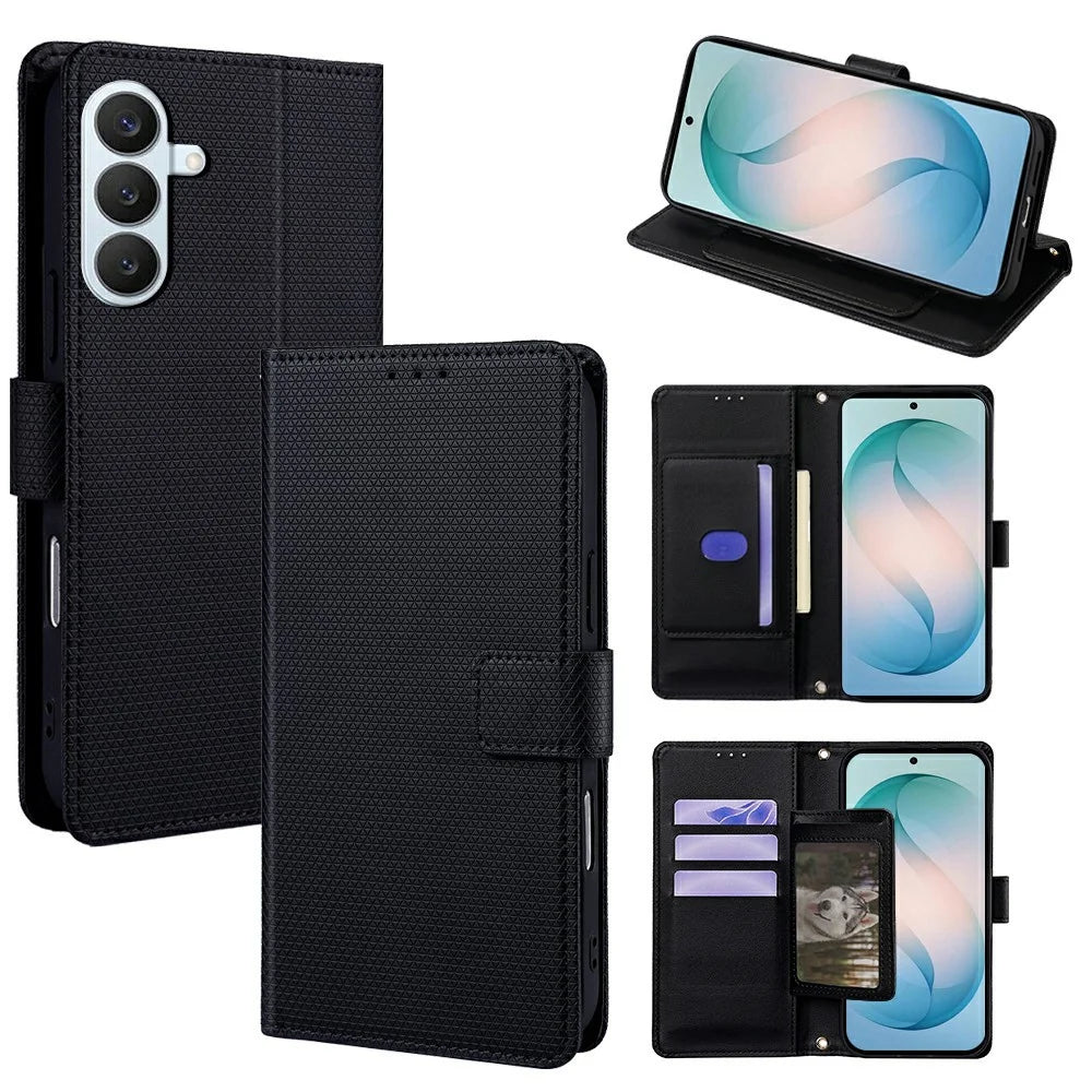 For Samsung Galaxy S26+ Case Triangle Imprinted Skin Touch PU Leather Phone Wallet Cover - Black - 1