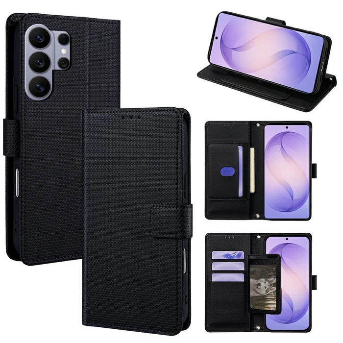 For Samsung Galaxy S26 Ultra Case Triangle Imprinted Skin Touch PU Leather Phone Wallet Cover - Black - 1