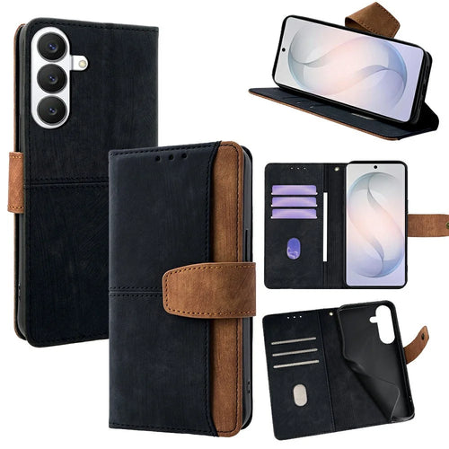 For Samsung Galaxy S26 Case RFID Blocking Color Splicing PU Leather Wallet Phone Cover - Black - 1