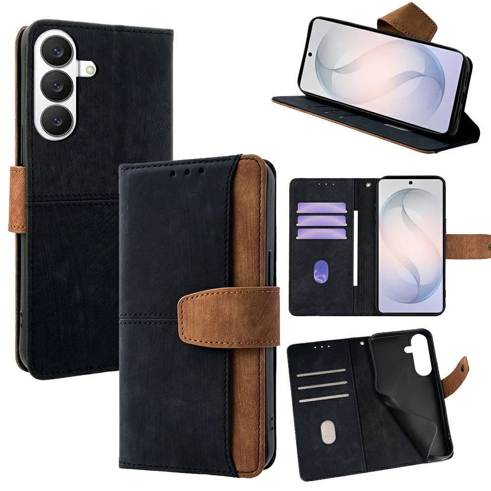 For Samsung Galaxy S26 Case RFID Blocking Color Splicing PU Leather Wallet Phone Cover - Black - 1