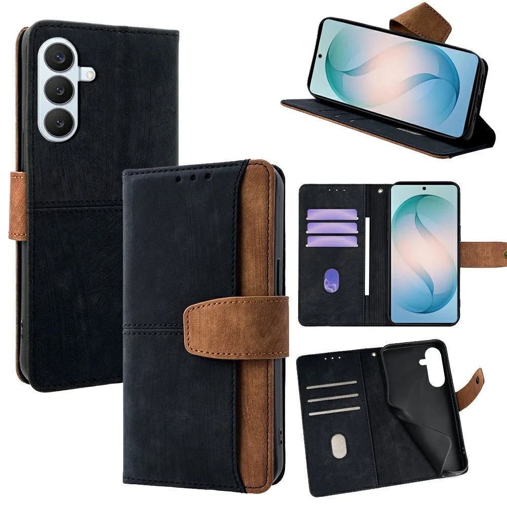 For Samsung Galaxy S26+ Case RFID Blocking Color Splicing PU Leather Wallet Phone Cover - Black - 1