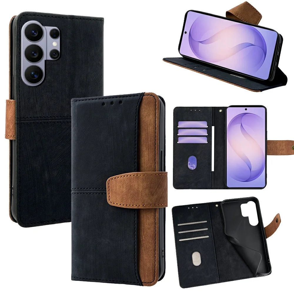 For Samsung Galaxy S26 Ultra Case RFID Blocking Color Splicing PU Leather Wallet Phone Cover - Black - 1