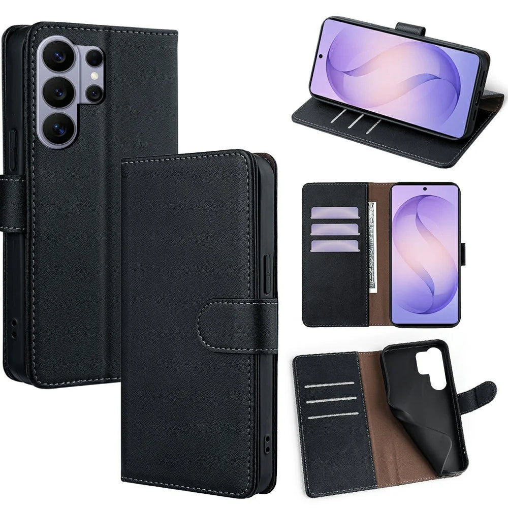For Samsung Galaxy S26 Ultra Case RFID Blocking Wallet Cowhide Texture Leather Phone Cover - Black - 1