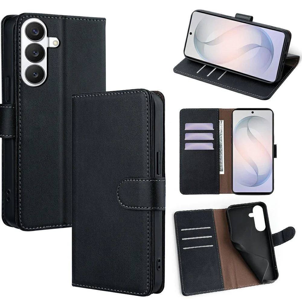 For Samsung Galaxy S26 Case RFID Blocking Wallet Cowhide Texture Leather Phone Cover - Black - 1