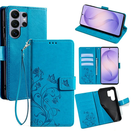 For Samsung Galaxy S26 Ultra Case Butterfly Flower Imprinted PU Leather Wallet Phone Cover - Blue - 1