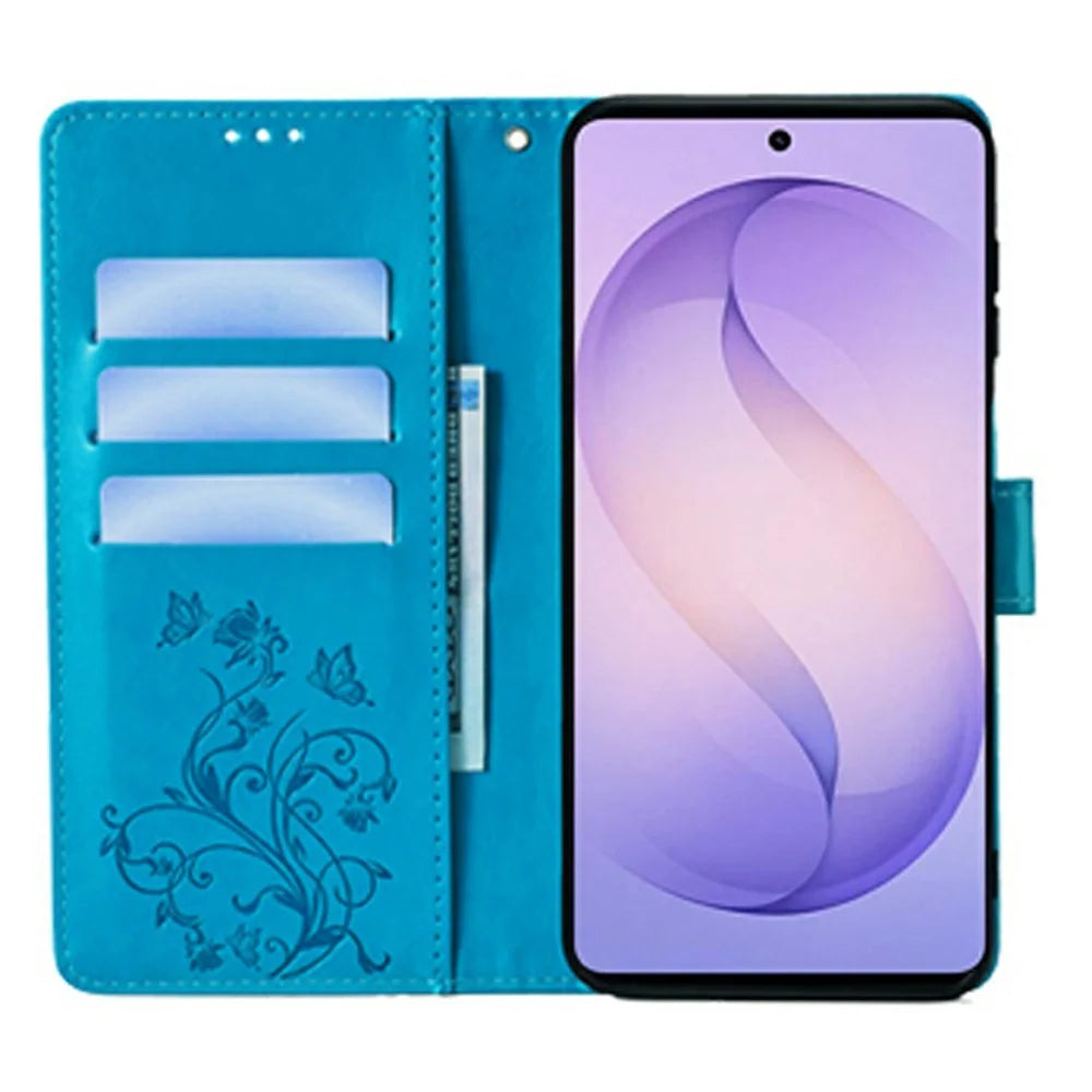For Samsung Galaxy S26 Ultra Case Butterfly Flower Imprinted PU Leather Wallet Phone Cover - Blue - 2