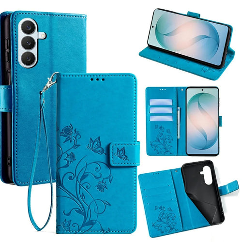 For Samsung Galaxy S26+ Case Butterfly Flower Imprinted PU Leather Wallet Phone Cover - Blue - 1