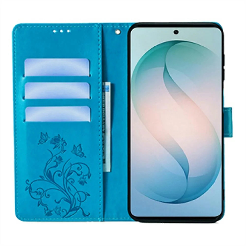 For Samsung Galaxy S26+ Case Butterfly Flower Imprinted PU Leather Wallet Phone Cover - Blue - 2