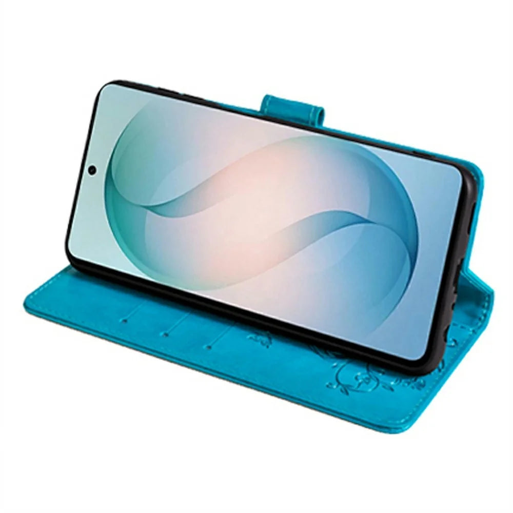 For Samsung Galaxy S26+ Case Butterfly Flower Imprinted PU Leather Wallet Phone Cover - Blue - 3