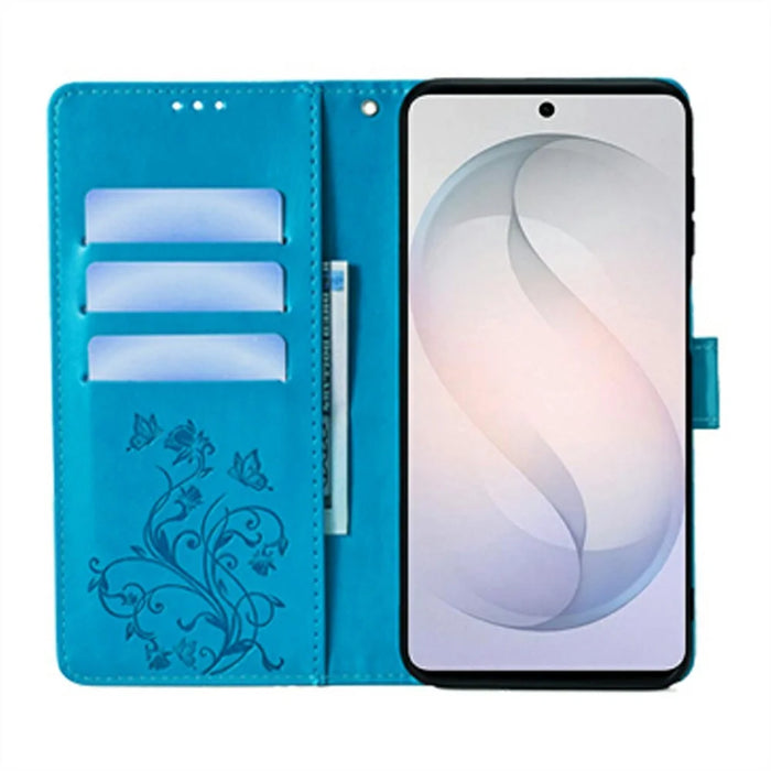 For Samsung Galaxy S26 Case Butterfly Flower Imprinted PU Leather Wallet Phone Cover - Blue - 2