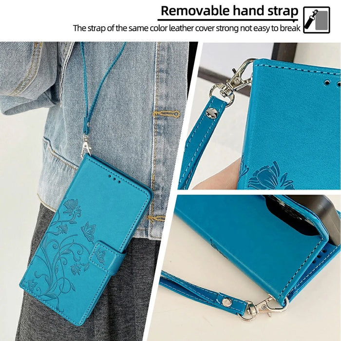 For Samsung Galaxy S26 Case Butterfly Flower Imprinted PU Leather Wallet Phone Cover - Blue - 7