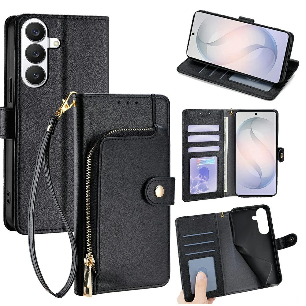 For Samsung Galaxy S26 Case Zipper Pocket PU Leather Wallet Flip Phone Cover - Black - 1