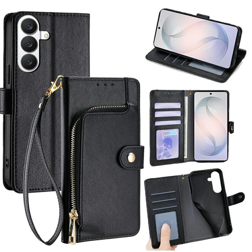 For Samsung Galaxy S26 Case Zipper Pocket PU Leather Wallet Flip Phone Cover - Black - 1