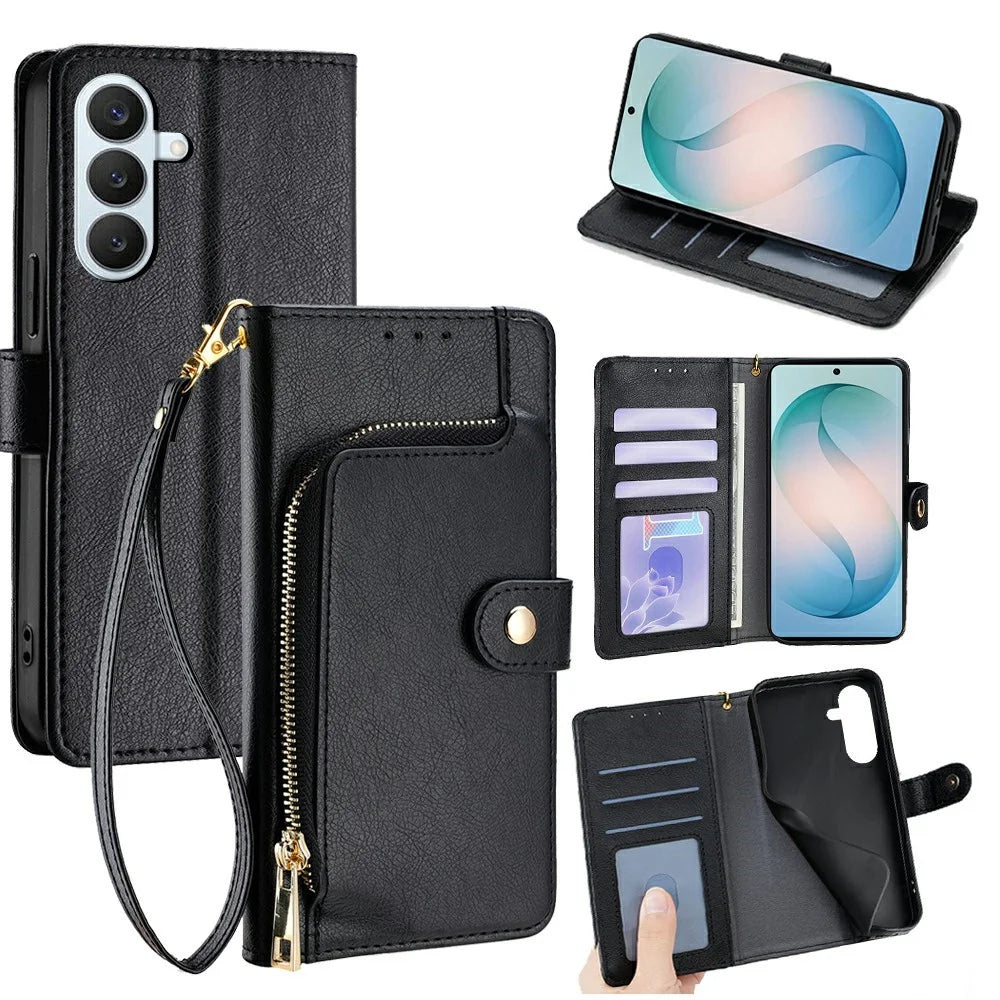 For Samsung Galaxy S26+ Case Zipper Pocket PU Leather Wallet Flip Phone Cover - Black - 1