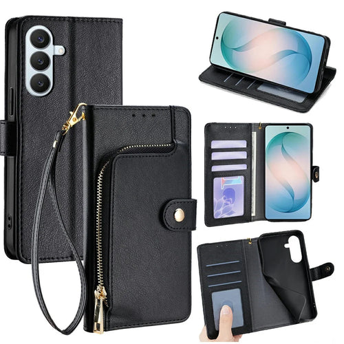 For Samsung Galaxy S26+ Case Zipper Pocket PU Leather Wallet Flip Phone Cover - Black - 1