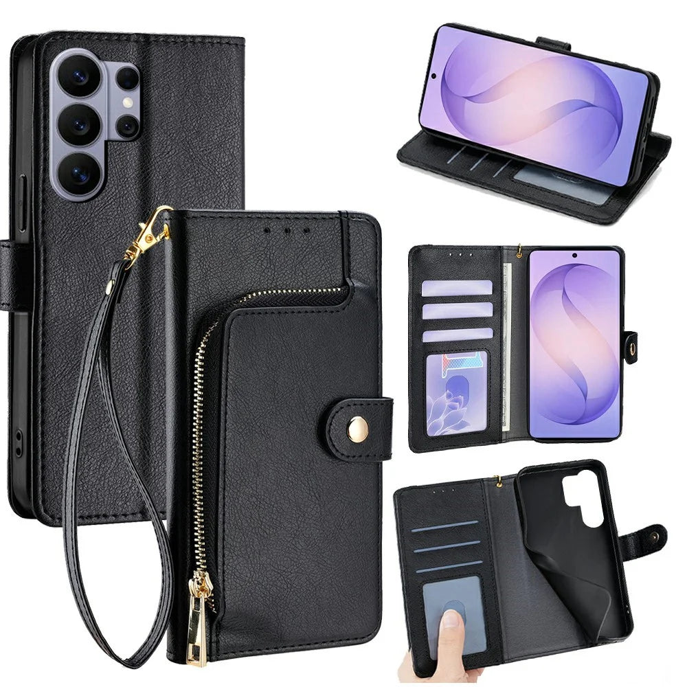 For Samsung Galaxy S26 Ultra Case Zipper Pocket PU Leather Wallet Flip Phone Cover - Black - 1