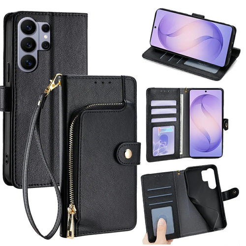 For Samsung Galaxy S26 Ultra Case Zipper Pocket PU Leather Wallet Flip Phone Cover - Black - 1