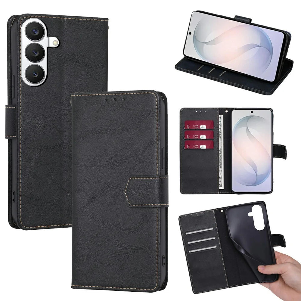 For Samsung Galaxy S26 Case Leather Phone Cover with RFID Blocking Wallet - Black - 1