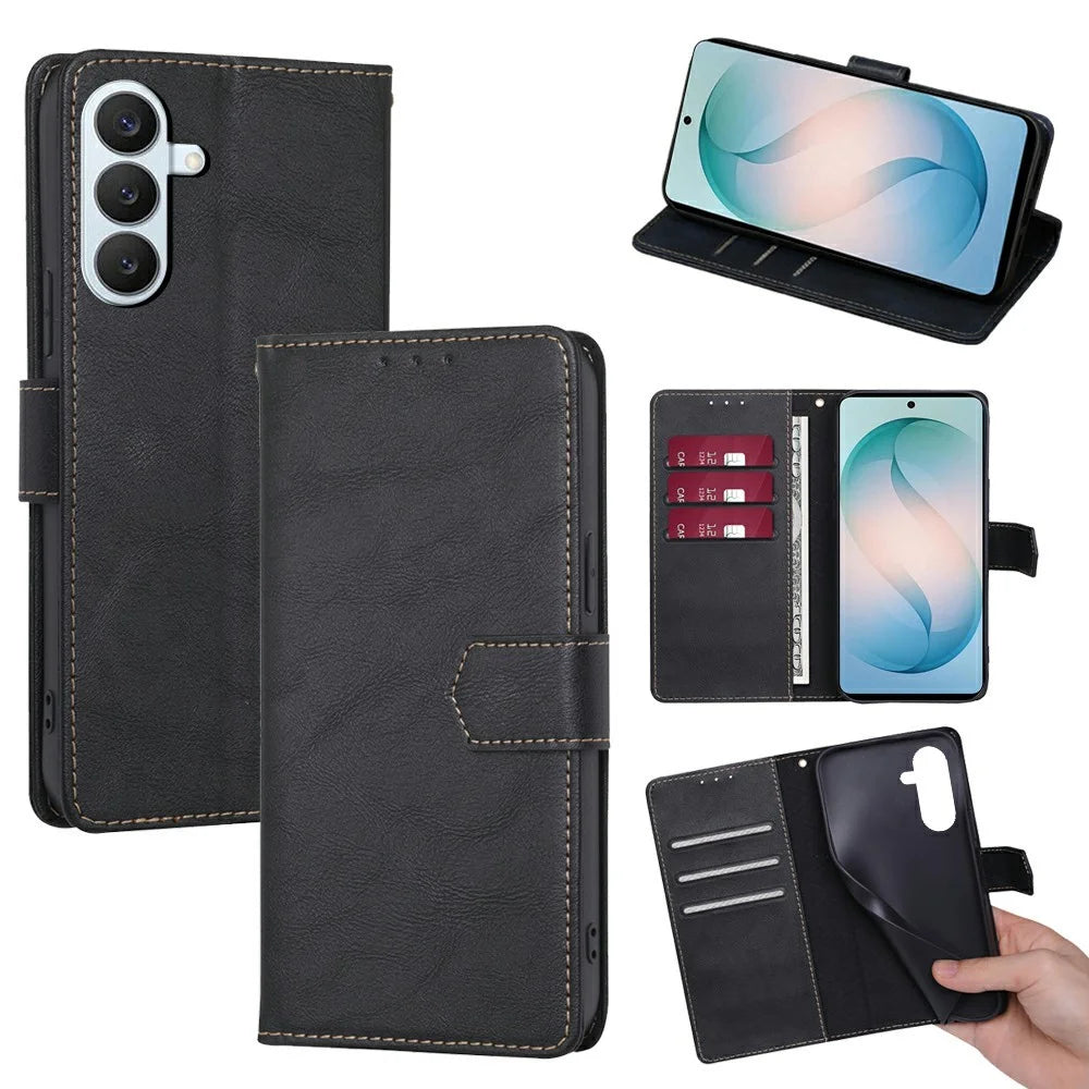 For Samsung Galaxy S26+ Case Leather Phone Cover with RFID Blocking Wallet - Black - 1