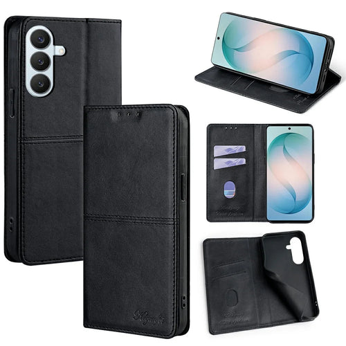 For Samsung Galaxy S26+ Case Card Slots Cowhide Texture Phone Leather Cover - Black - 1