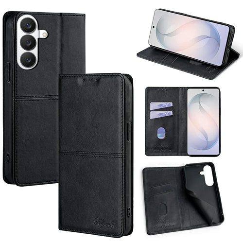 For Samsung Galaxy S26 Case Card Slots Cowhide Texture Phone Leather Cover - Black - 1