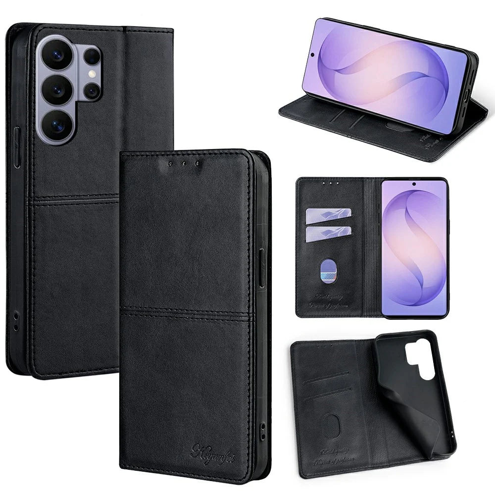 For Samsung Galaxy S26 Ultra Case Card Slots Cowhide Texture Phone Leather Cover - Black - 1