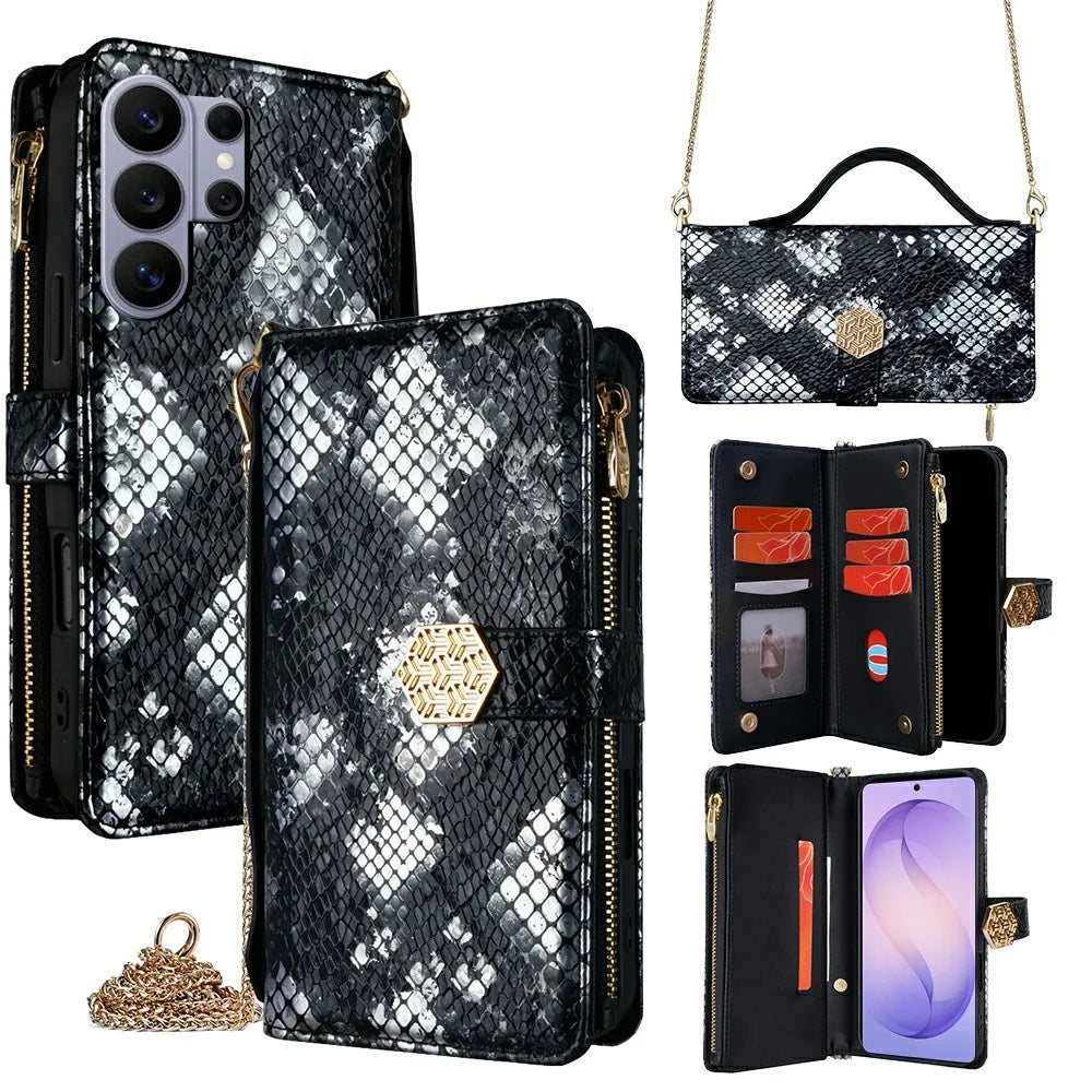 For Samsung Galaxy S26 Ultra Case Snake Skin Texture PU Leather Phone Wallet Cover with Shoulder Strap - Black - 1