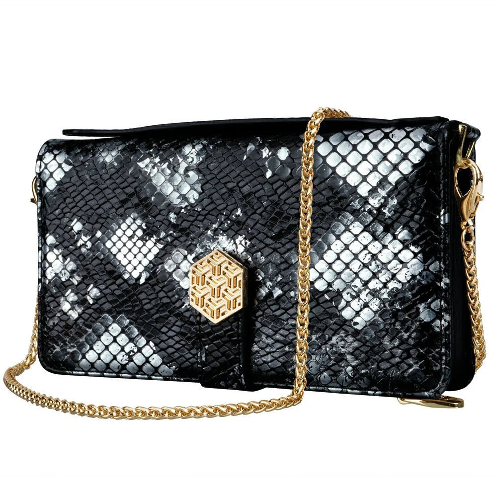 For Samsung Galaxy S26 Ultra Case Snake Skin Texture PU Leather Phone Wallet Cover with Shoulder Strap - Black - 2