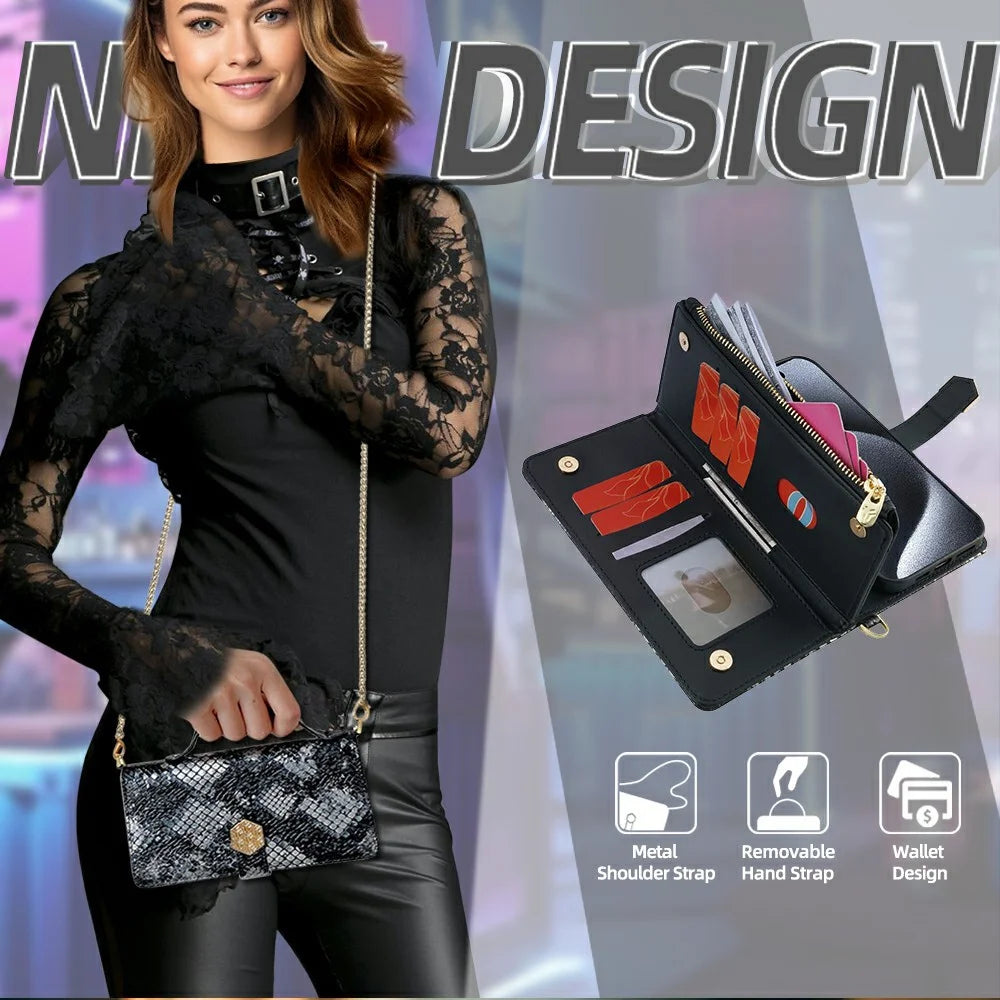 For Samsung Galaxy S26 Ultra Case Snake Skin Texture PU Leather Phone Wallet Cover with Shoulder Strap - Black - 6