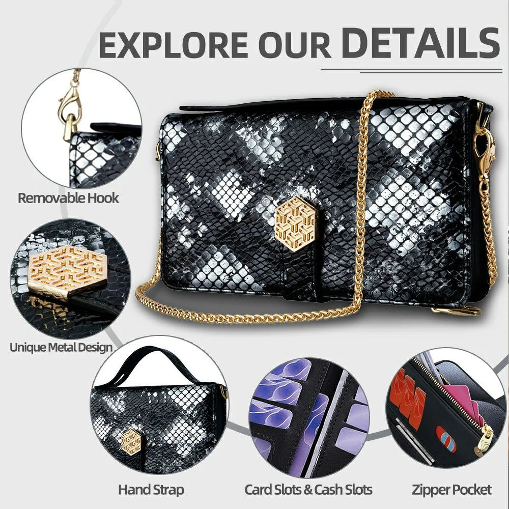 For Samsung Galaxy S26 Ultra Case Snake Skin Texture PU Leather Phone Wallet Cover with Shoulder Strap - Black - 7