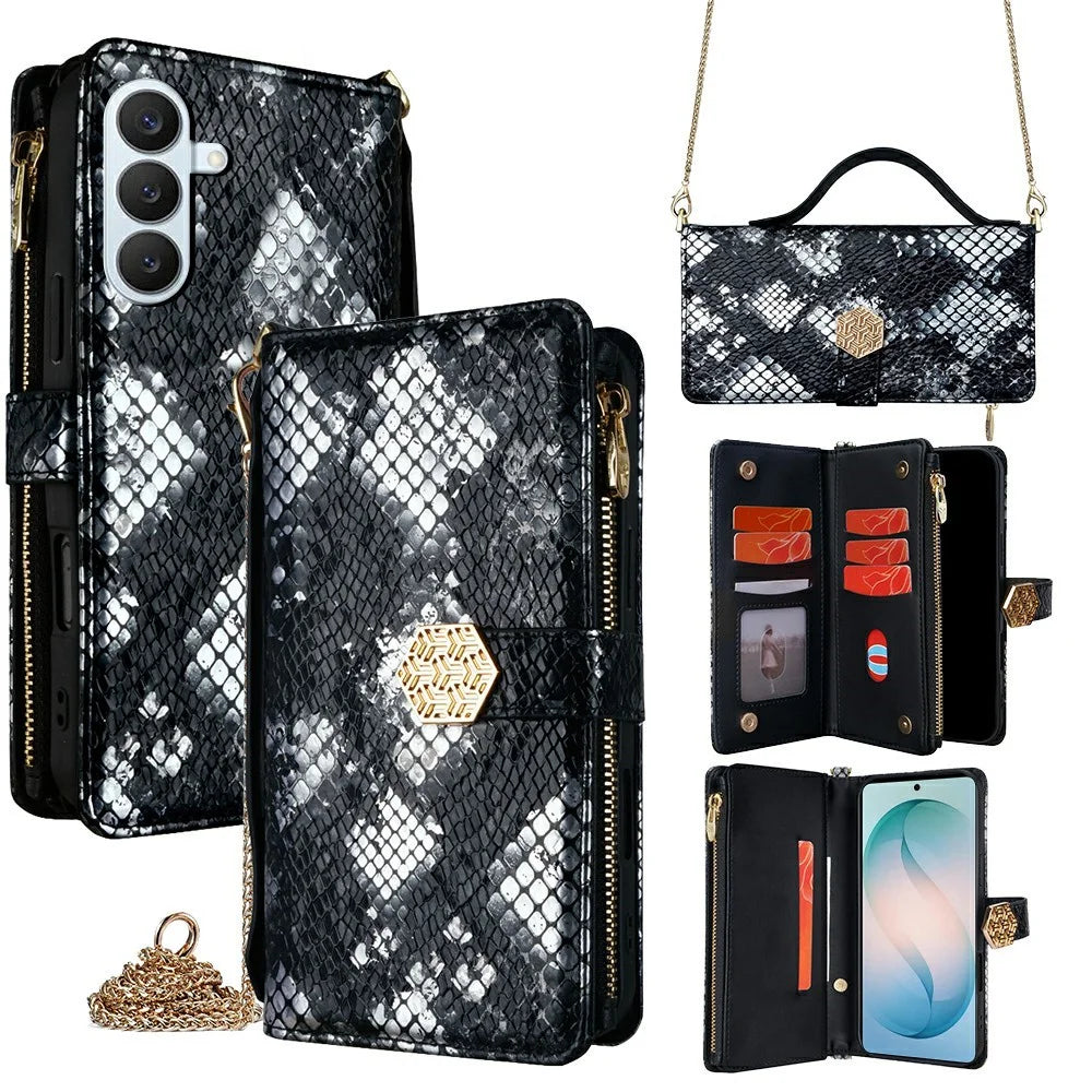 For Samsung Galaxy S26+ Case Snake Skin Texture PU Leather Phone Wallet Cover with Shoulder Strap - Black - 1