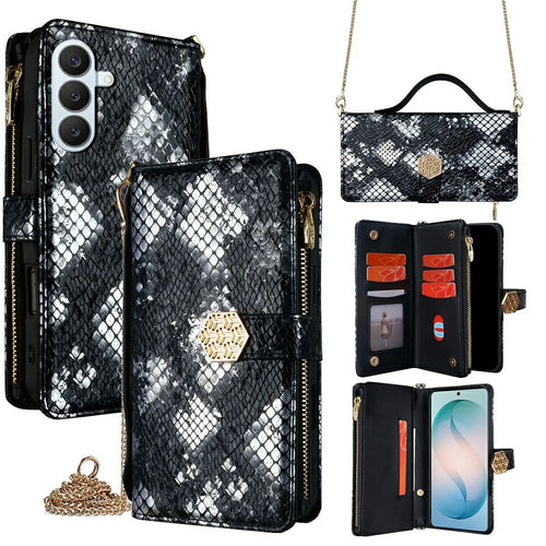 For Samsung Galaxy S26+ Case Snake Skin Texture PU Leather Phone Wallet Cover with Shoulder Strap - Black - 1