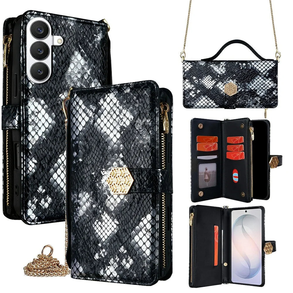 For Samsung Galaxy S26 Case Snake Skin Texture PU Leather Phone Wallet Cover with Shoulder Strap - Black - 1