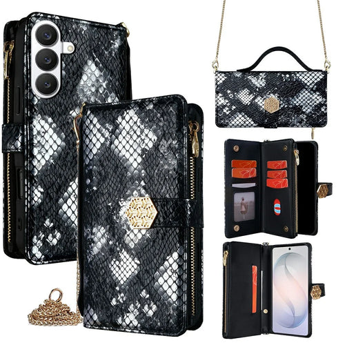 For Samsung Galaxy S26 Case Snake Skin Texture PU Leather Phone Wallet Cover with Shoulder Strap - Black - 1
