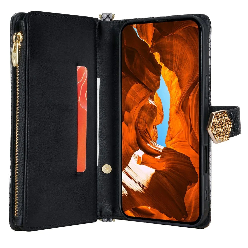 For Samsung Galaxy S26 Case Snake Skin Texture PU Leather Phone Wallet Cover with Shoulder Strap - Black - 3