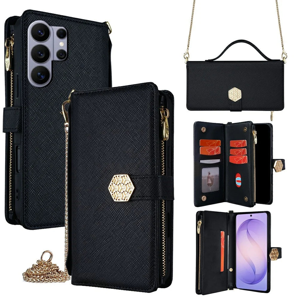 For Samsung Galaxy S26 Ultra Case Cross Texture PU Leather + TPU Wallet Phone Cover with Strap - Black - 1