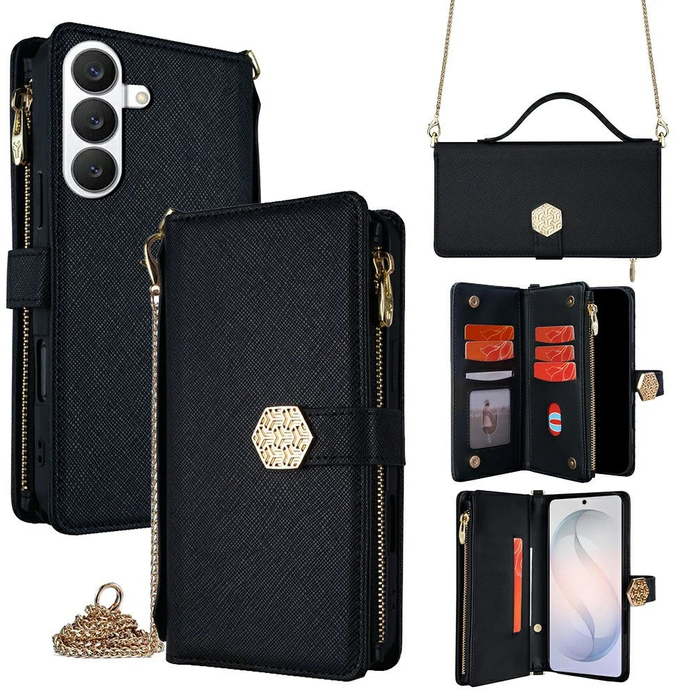 For Samsung Galaxy S26 Case Cross Texture PU Leather + TPU Wallet Phone Cover with Strap - Black - 1