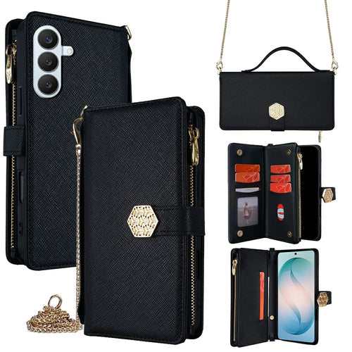For Samsung Galaxy S26+ Case Cross Texture PU Leather + TPU Wallet Phone Cover with Strap - Black - 1