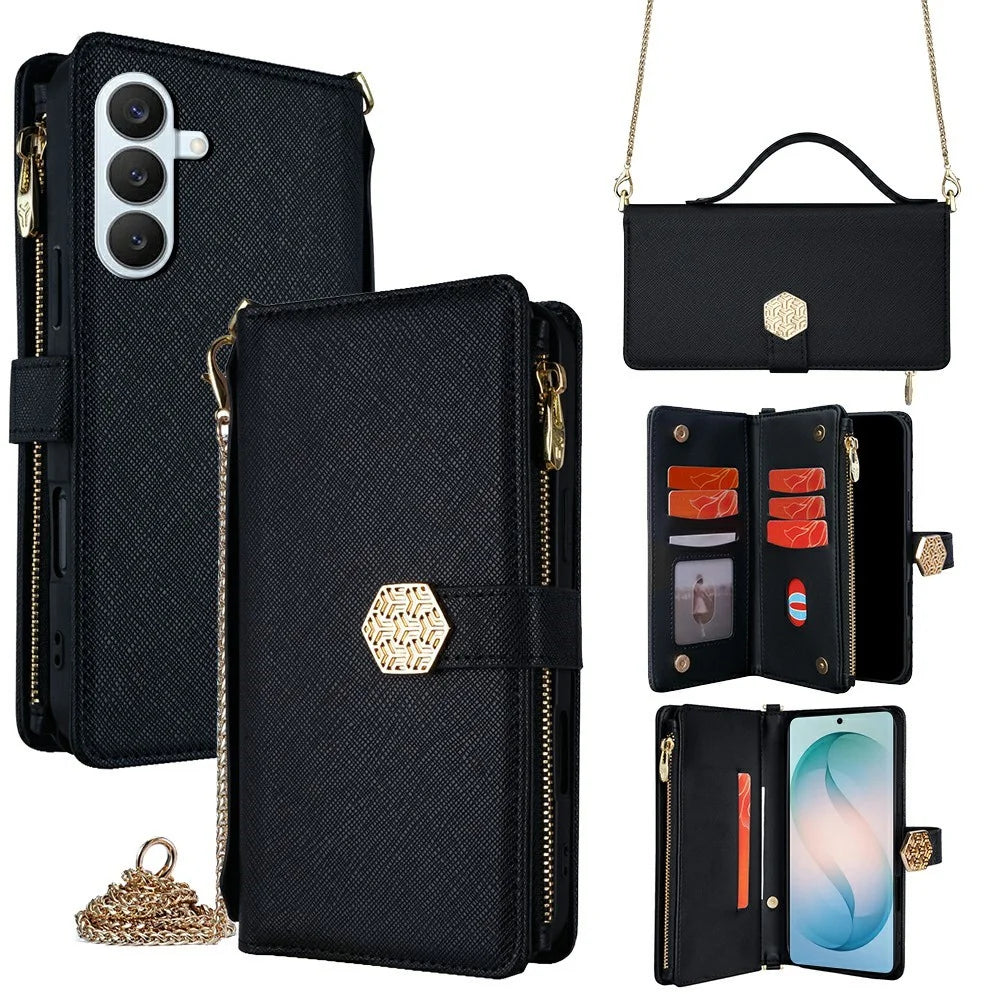 For Samsung Galaxy S26+ Case Cross Texture PU Leather + TPU Wallet Phone Cover with Strap - Black - 1