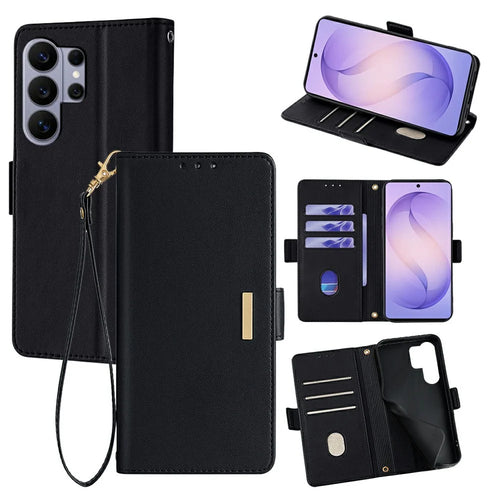 For Samsung Galaxy S26 Ultra Case RFID Blocking Wallet PU Leather Phone Cover with Wrist Strap - Black - 1